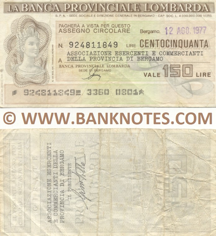Italy Mini-Cheque 150 Lire 12.8.1977 (La Banca Provinciale Lombarda) (924811849) (circulated) VF