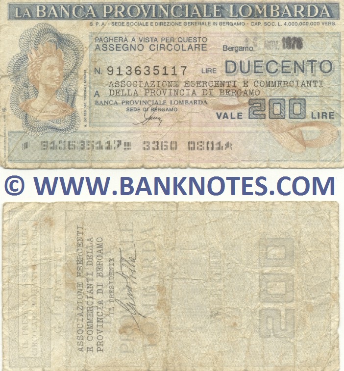 Italy Mini-Cheque 200 Lire 11.2.1977 (La Banca Provinciale Lombarda) (915677496) (circulated) VG