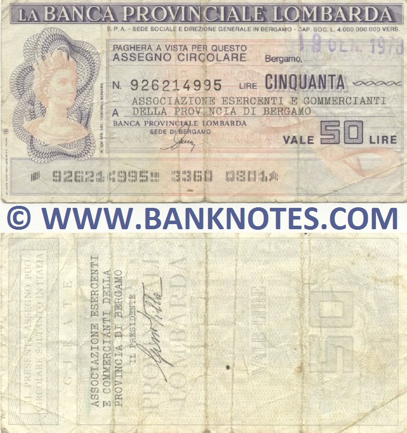 Italy Mini-Cheque 50 Lire 19.1.1978 (La Banca Provinciale Lombarda) (926214995) (circulated) F