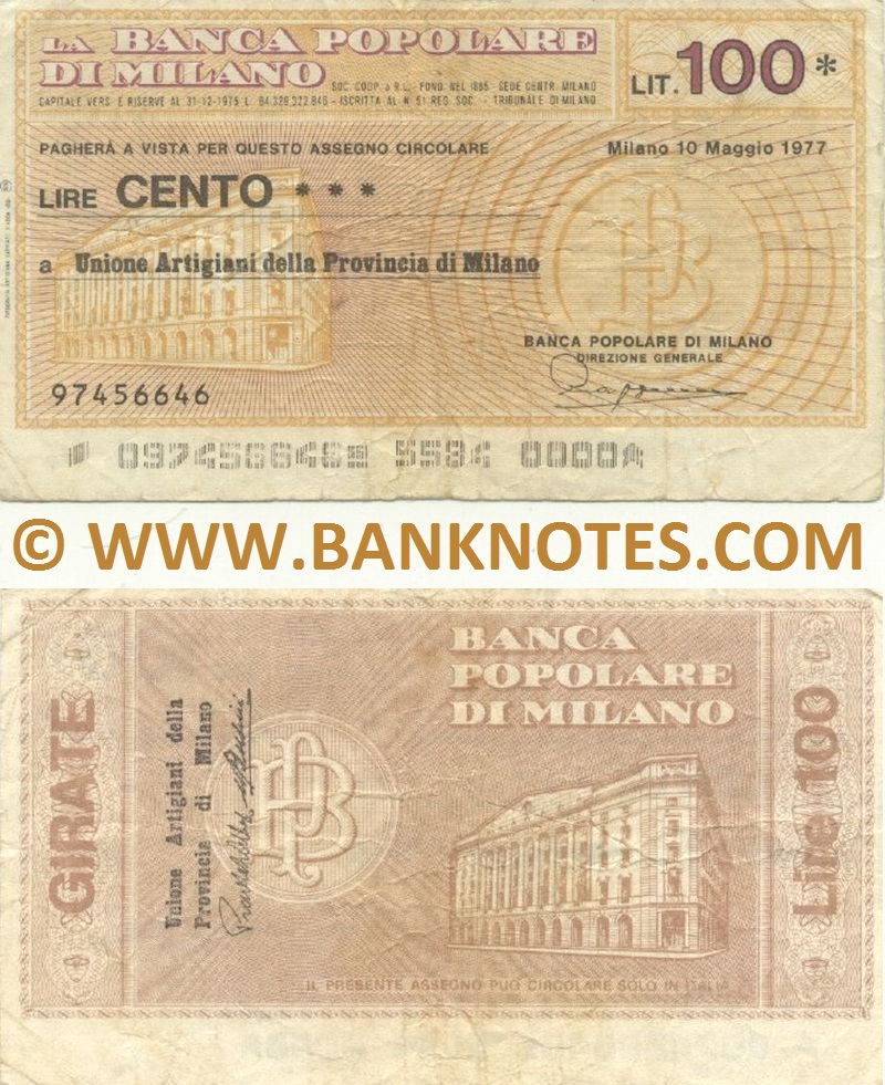 Italy Mini-Cheque 100 Lire 10.5.1977 (Banca Popolare di Milano) (097456646) (circulated) F-VF
