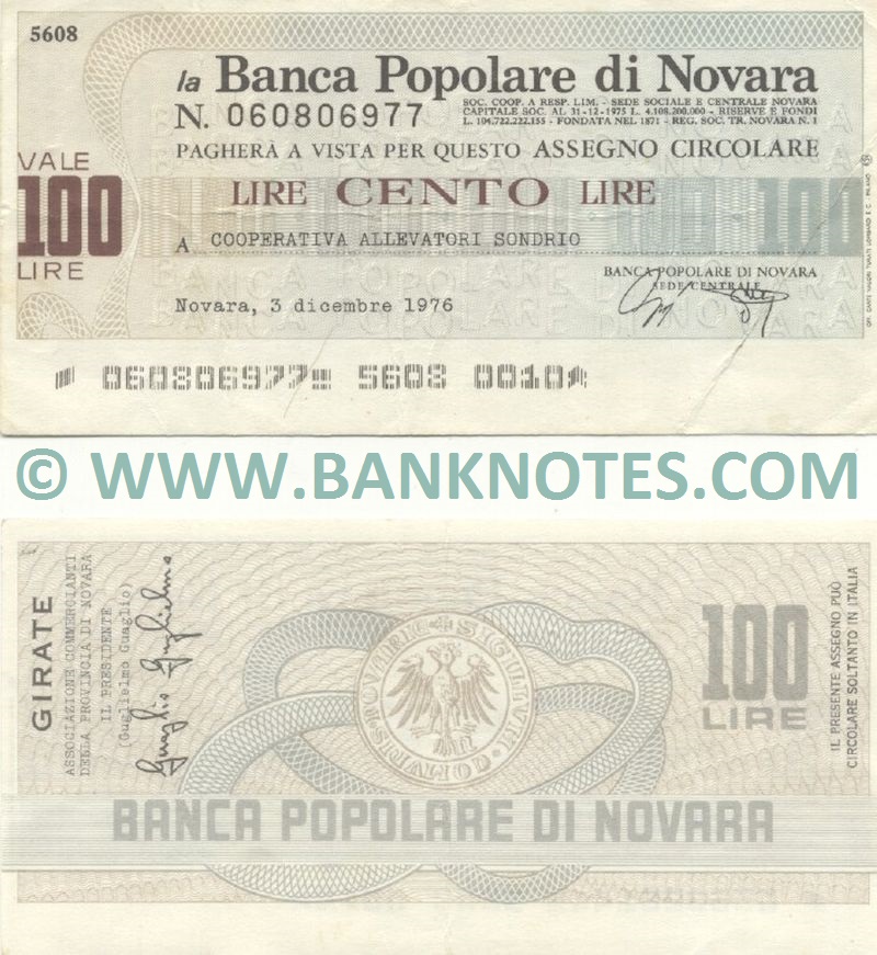 Italy Mini-Cheque 100 Lire 3.12.1976 (La Banca Popolare di Novara) (060806977) (circulated) VF