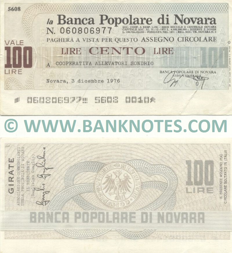 Italy Mini-Cheque 100 Lire 20.1.1977 (La Banca Popolare di Novara) (070541693) (circulated) VF