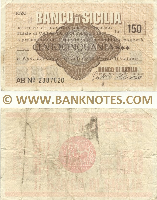 Italy Mini-Cheque 150 Lire 14.2.1977 (Il Banco di Sicilia, Catania) (AB Nº 2387620) (circulated) F-VF