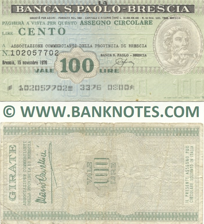 Italy Mini-Cheque 100 Lire 3.11.1977 (La Banca S.Paolo-Brescia) (105335712) (circulated) F