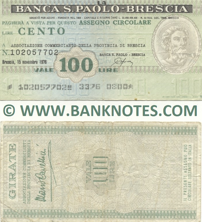 Italy Mini-Cheque 100 Lire 1.8.1977 (La Banca S.Paolo-Brescia) (103794743) (circulated) F