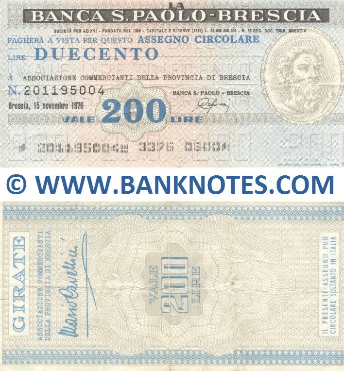 Italy Mini-Cheque 200 Lire 15.11.1976 (La Banca S.Paolo-Brescia) (201195004) (circulated) F-VF