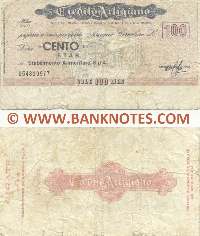 Italy Mini-Cheque 100 Lire 5.5.1977 (Il Credito Artigiano, Milano) (054829977) (circulated) VG-F