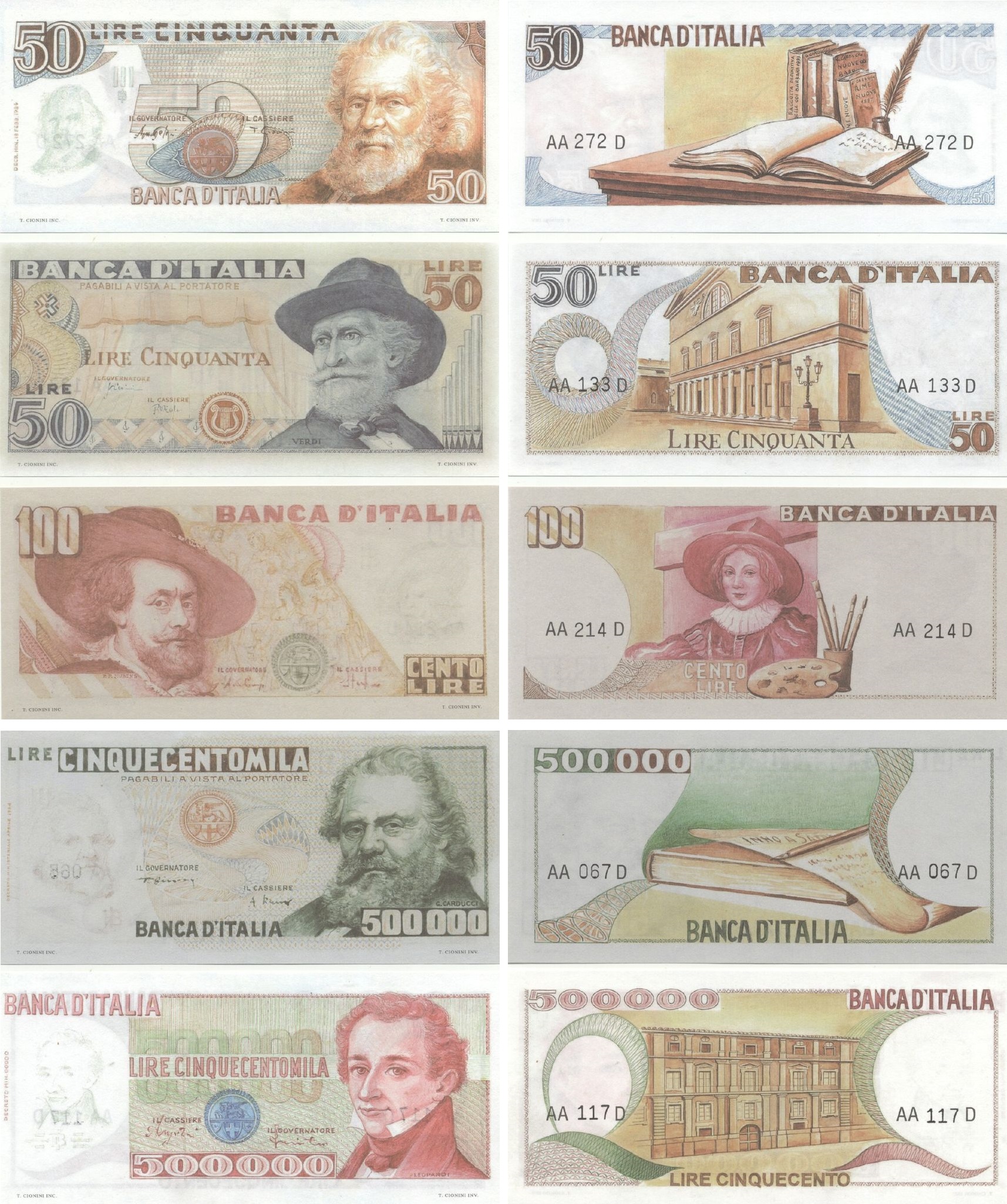 Italy Set of 50, 50, 100, 500000, 500000 Lire 1980s TRENTO CIONINI PROOFS (AA272D, AA133D, AA214D, AA067D, AA117D) UNC