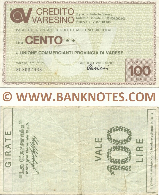 Italy Mini-Cheque 100 Lire 1.10.1976 (Credito Varesino, Varese) (803007338) (circulated) VF