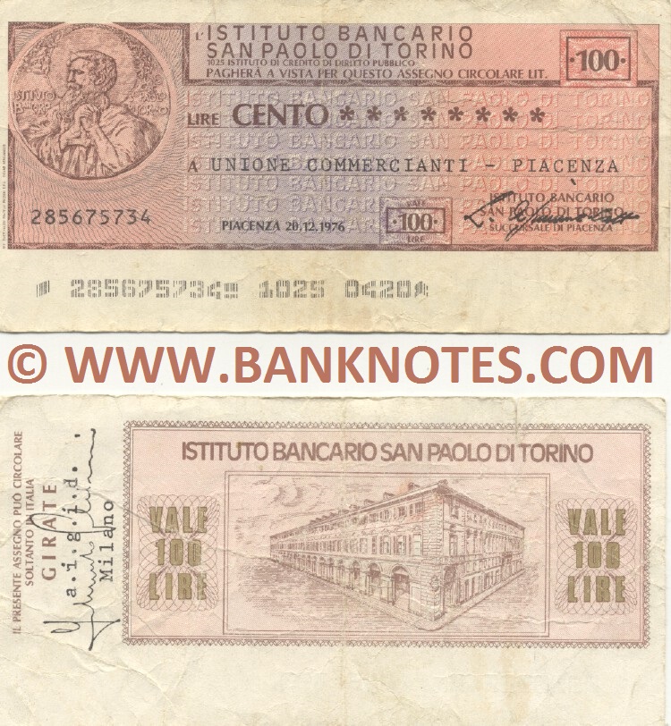 Italy Mini-Cheque 100 Lire 18.2.1977 (L'Istituto Bancario San Paolo di Torino) (289692748) (circulated) F