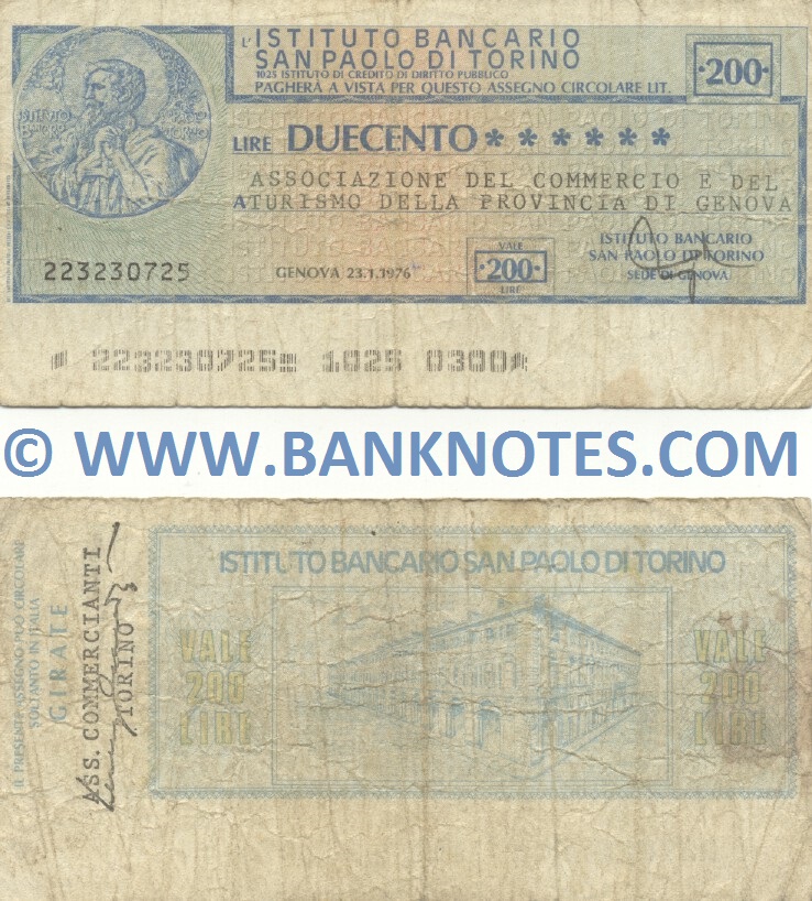 Italy Mini-Cheque 200 Lire 21.1.1976 (L'Istituto Bancario San Paolo di Torino) (220029769) (circulated) VG-F