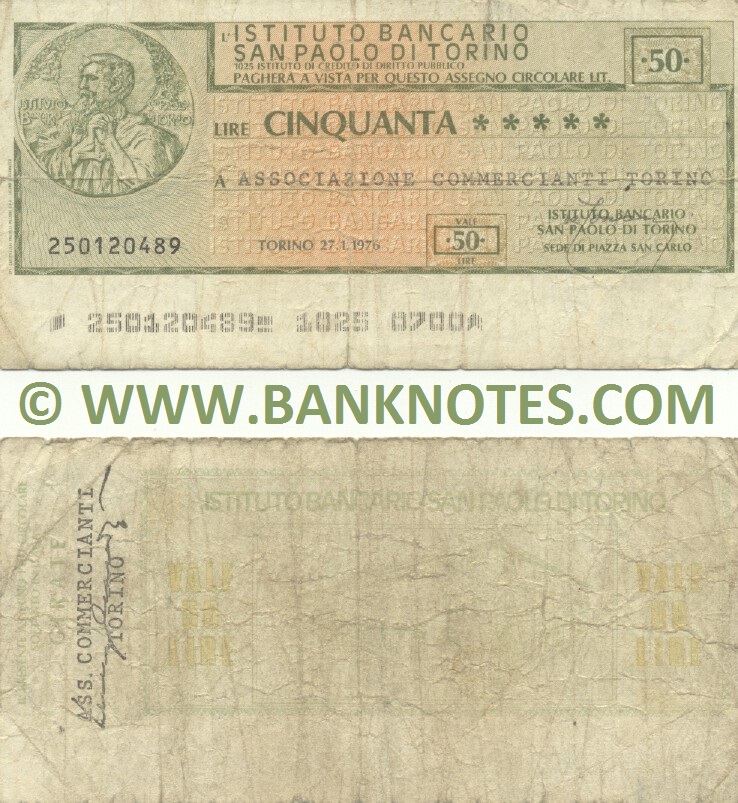 Italy Mini-Cheque 50 Lire 29.1.1976 (L'Istituto Bancario San Paolo di Torino) (252841735) (circulated) VG-F