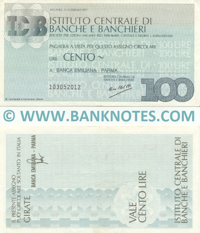 Italy Mini-Cheque 100 Lire 25.2.1977 (Istituto Centrale di Banche e Banchieri) (103271239) (lt. circulated) aXF