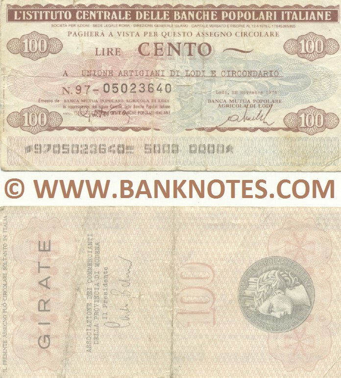 Italy Mini-Cheque 100 Lire 6.7.1977 (L'Istituto Centrale delle Banche Popolari Italiane) (51442948) (circulated) VG