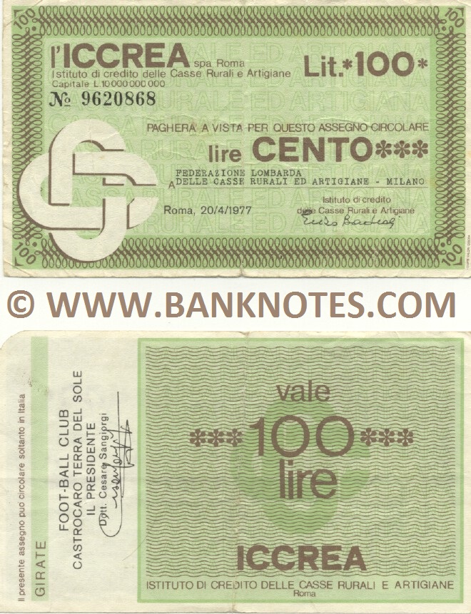 Italy Mini-Cheque 100 Lire 20.4.1977 (L'Istituto di Credito delle Casse Rurali e Artigiane) (9620868) (circulated) F-VF