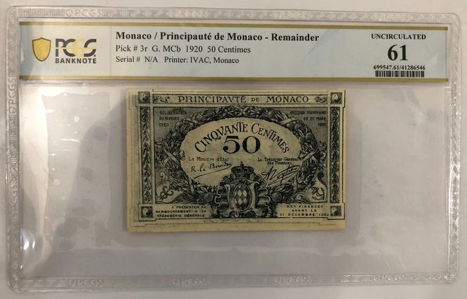 Monaco 50 Centimes 1920 REMAINDER (PCGS slabbed) UNC—61