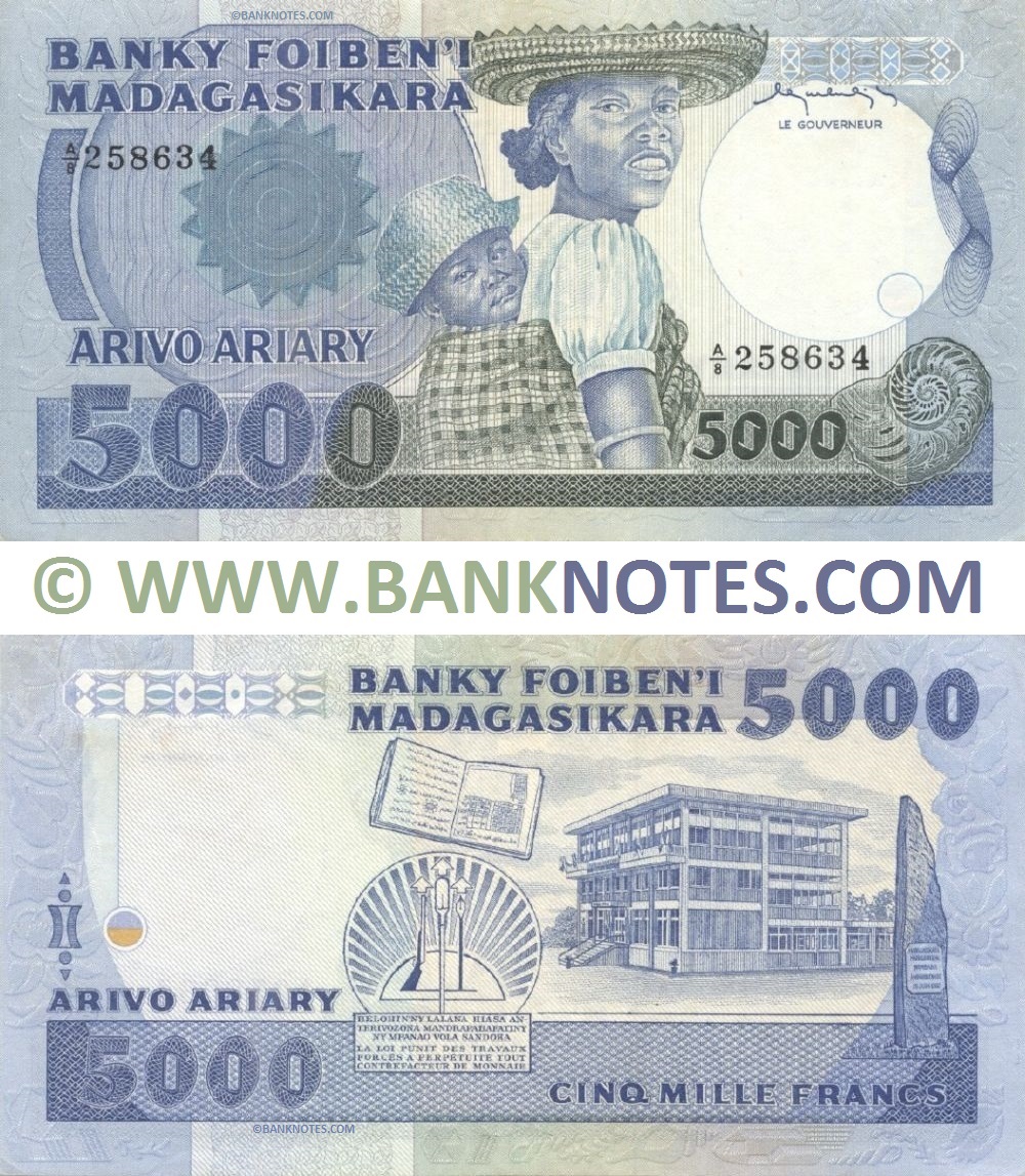 Madagascar 5000 Francs = 1000 Ariary (1983) (A/13 101860) (circulated, ph) VF