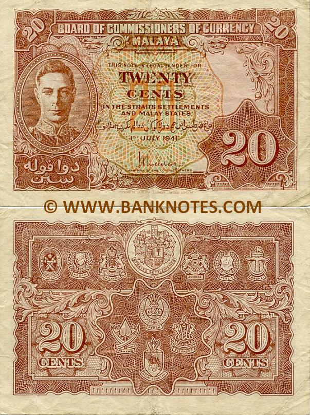 Malaya 20 Cents 1.7.1941 (circulated) VF