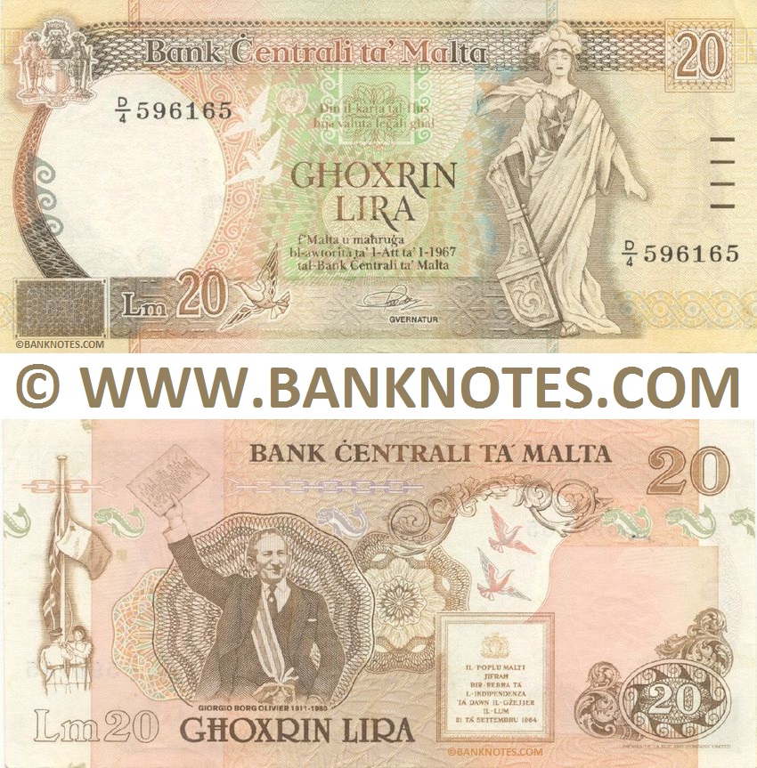 Malta 20 Liri (1989) (D/4 596165) (lt. circulated) XF