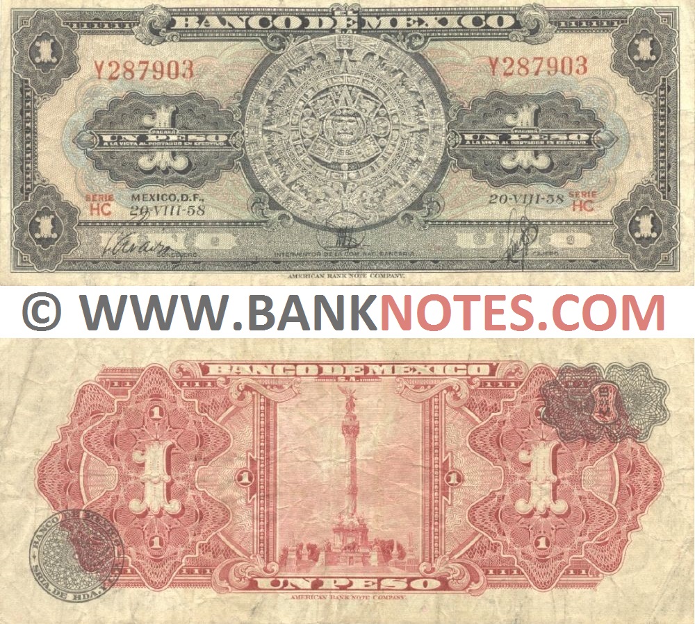 Mexico 1 Peso 20.8.1958 (HC/Y287903) (circulated) F-VF