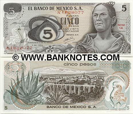 Mexico 5 Pesos 1972 (Prefixes: S,T,U,V,W) UNC