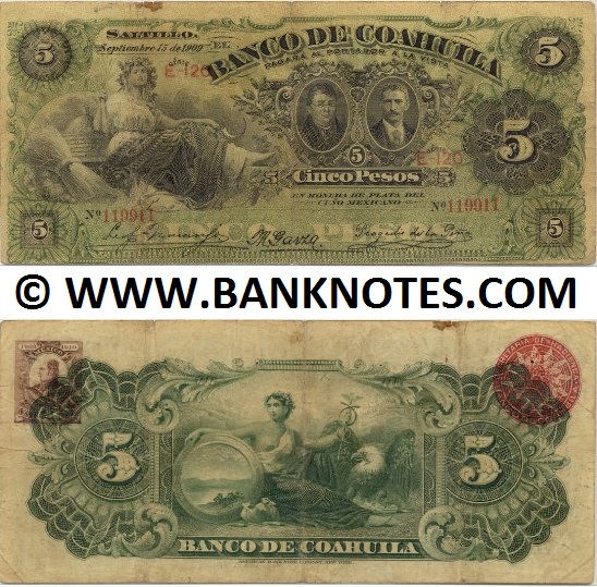 Mexico 5 Pesos 1909 Banco de Coahuila