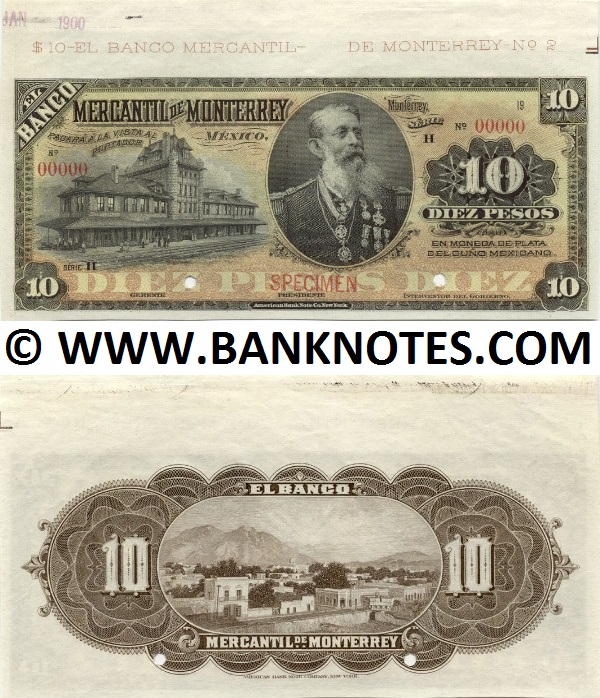 Mexico 10 Pesos (1900/19xx) MONTERREY (H 00000) SPECIMEN UNC