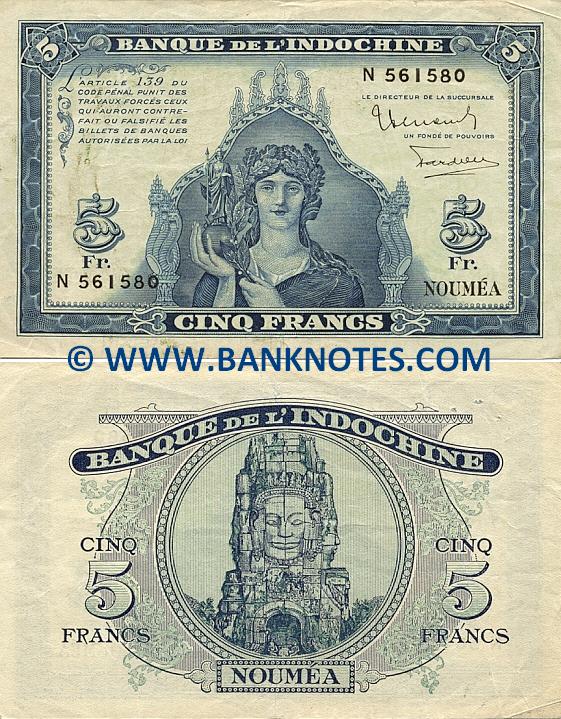New Caledonia 5 Francs (1944) (Serial # N 561580) (circulated) VF