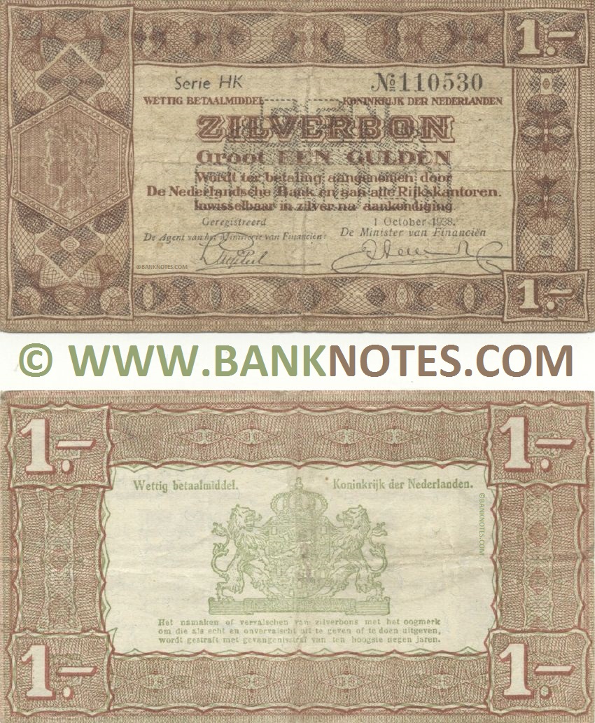 Netherlands 1 Gulden 1.10.1938 ZILVERBON (Ser#varies) (circulated) VF
