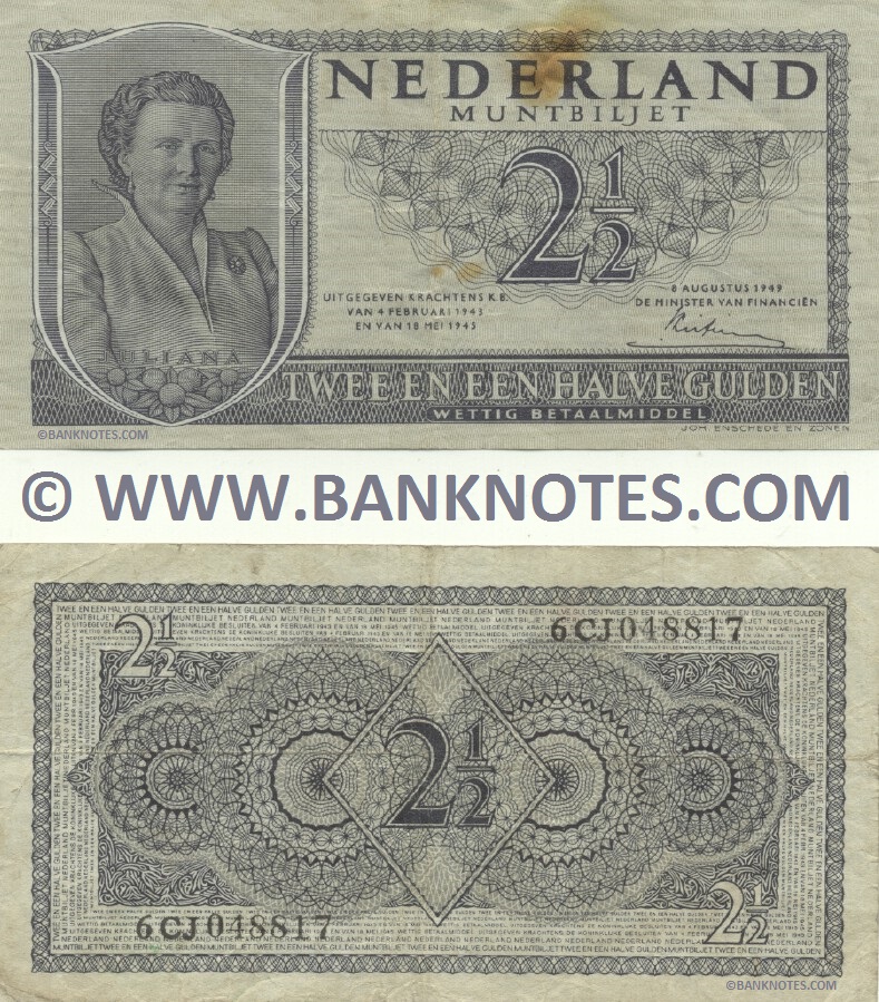 Netherlands 2 1/2 Gulden 8.8.1949 (Ser#varies) (circulated) F-VF