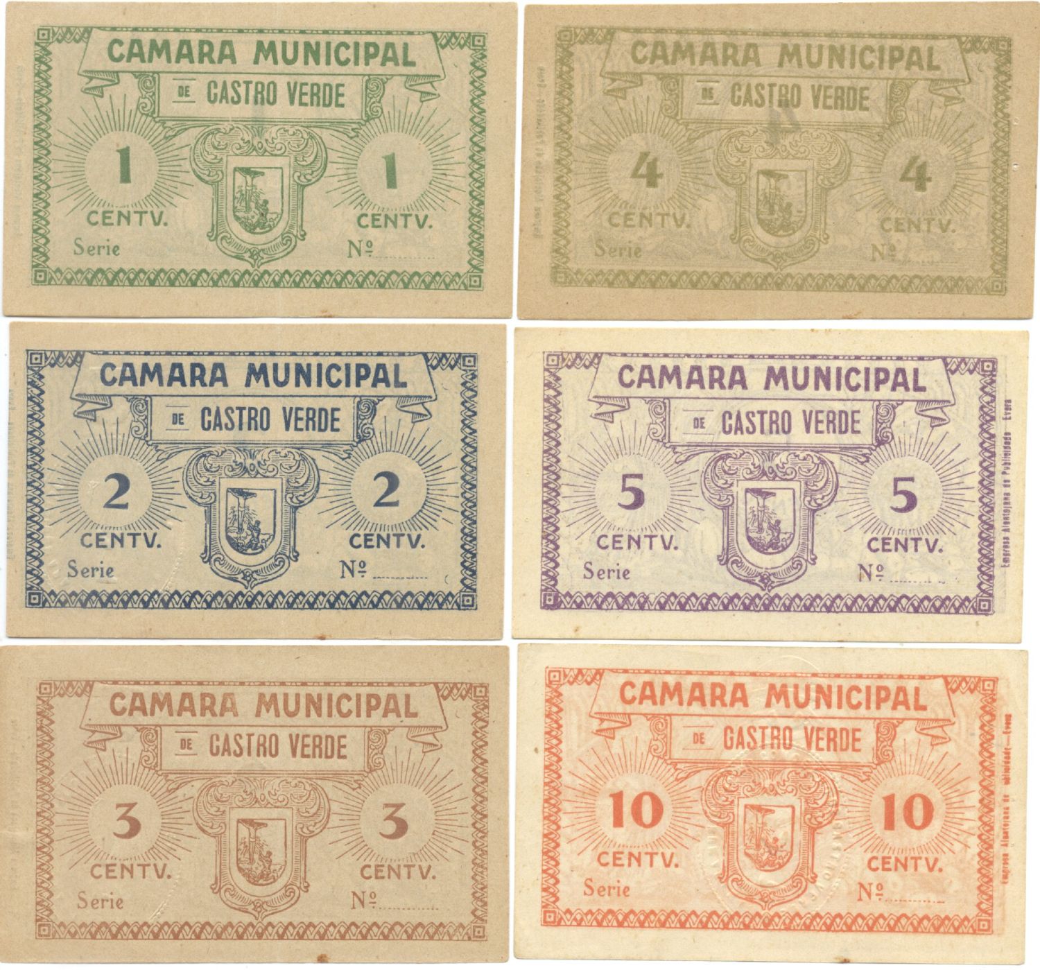 Portugal Set of 1,2,3,4,5,10 Centavos 1920s (Câmara Municipal de Castro Verde) (lt. circulated) XF/AU