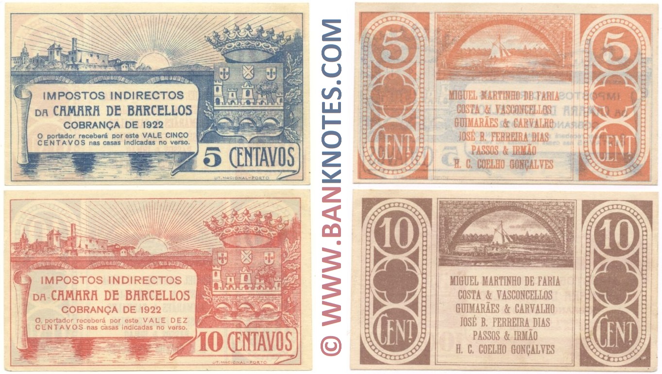 Portugal Set of 5 and 10 Centavos 1922 (Câmara de Barcellos) AU-UNC