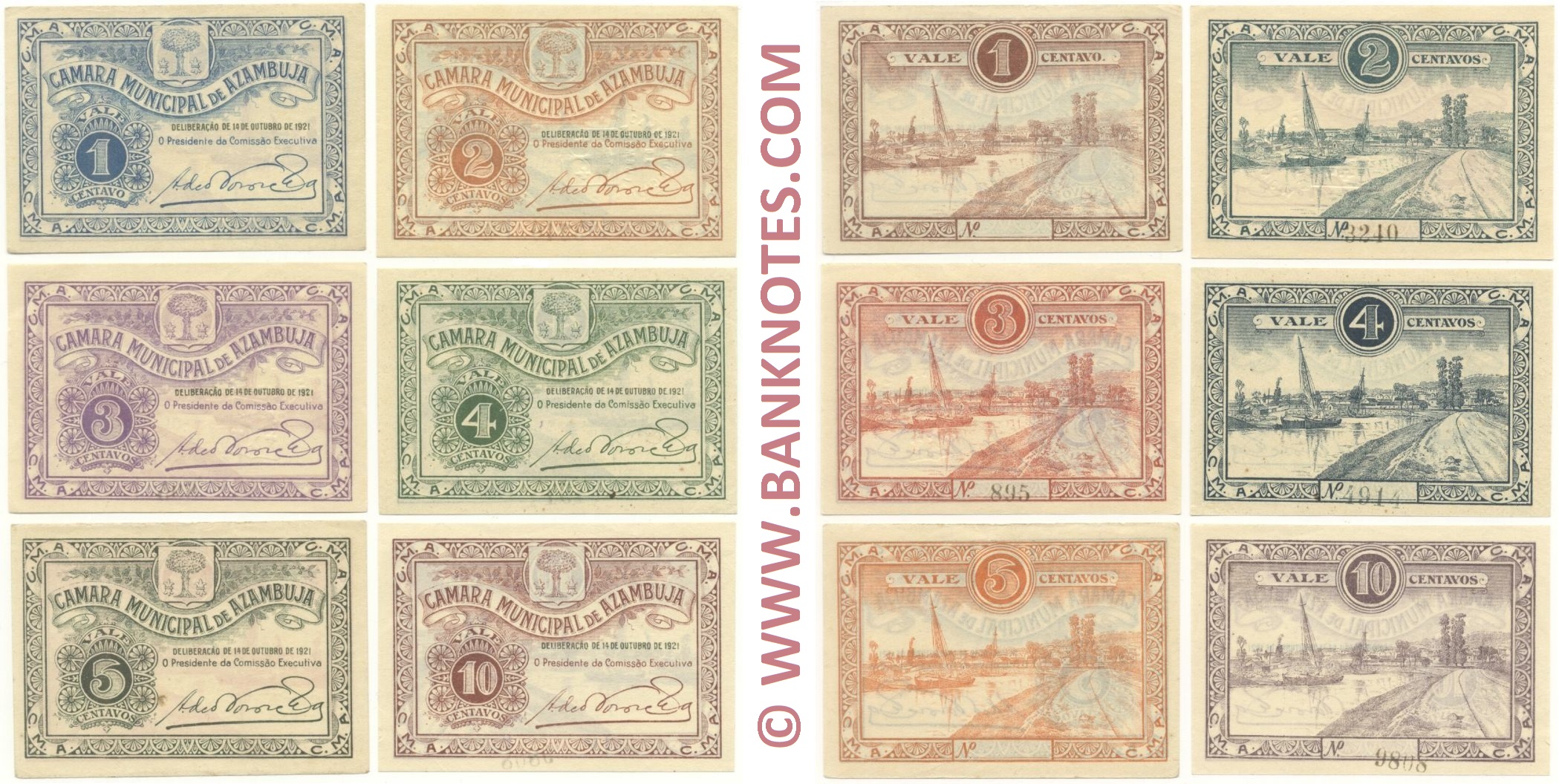 Portugal Set of 1,2,3,4,5,10 Centavos 1921 (Câmara Municipal de Azambuja) AU-UNC/UNC