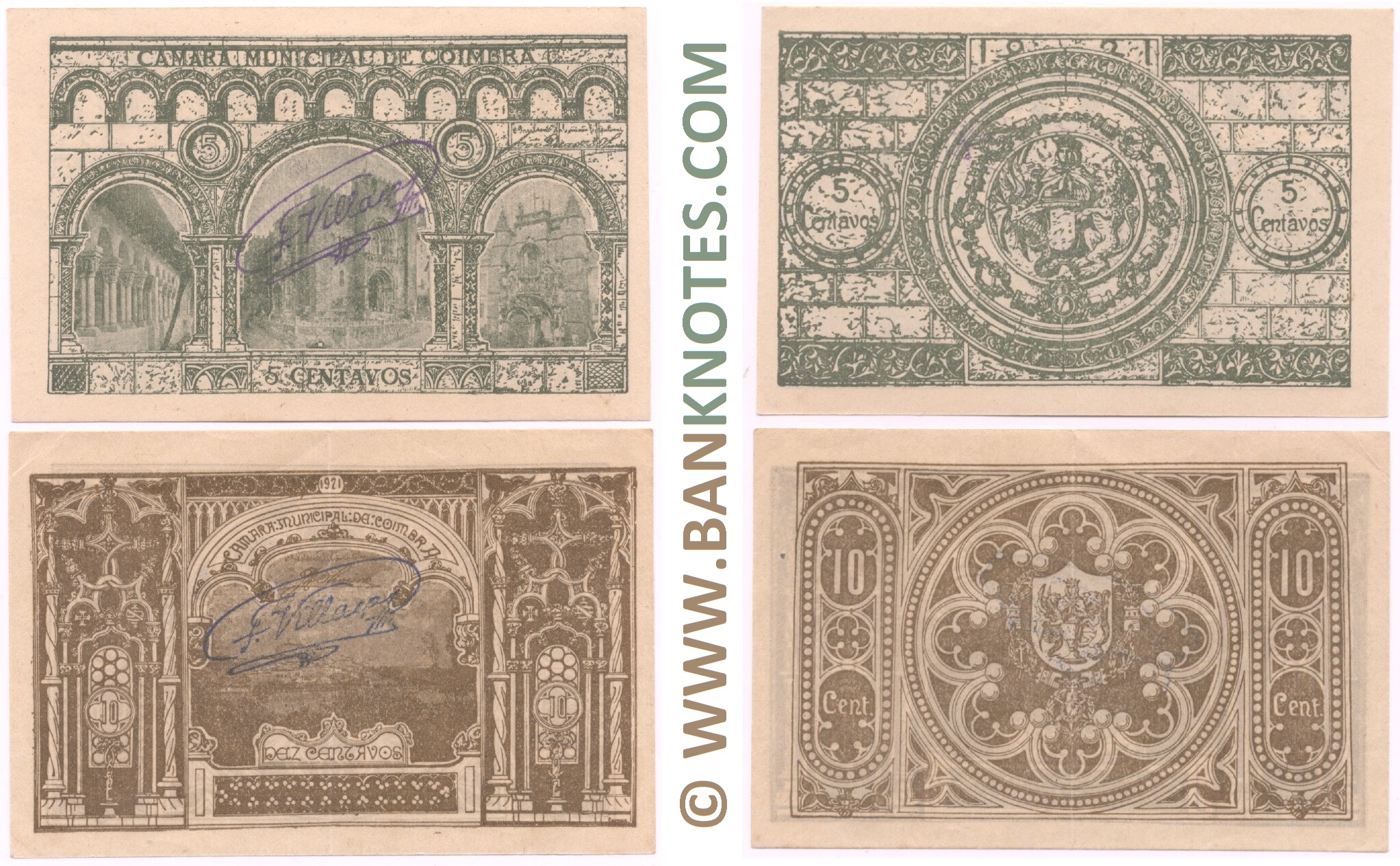 Portugal Set of 5 and 10 Centavos 1921 (Câmara Municipal de Coimbra) XF & UNC