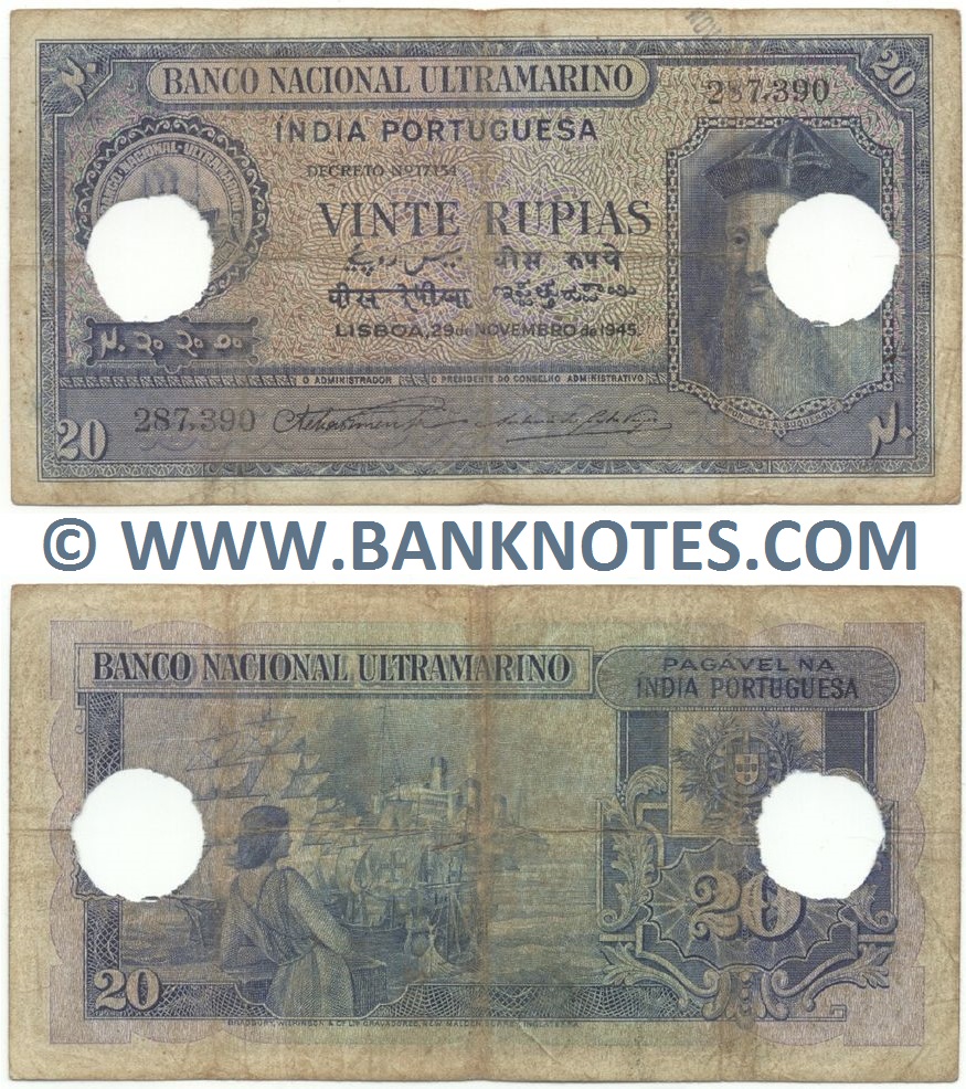 Portuguese India 20 Rupias 29.11.1945 (Sig: Pimenta; Viegas) (287,390) CANCELLED (circulated) Fine