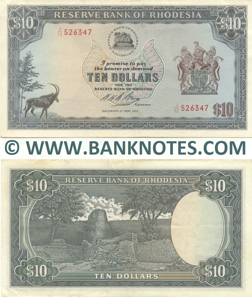 Rhodesia 10 Dollars 8.5.1972 (J/15 773263) (circulated) VF