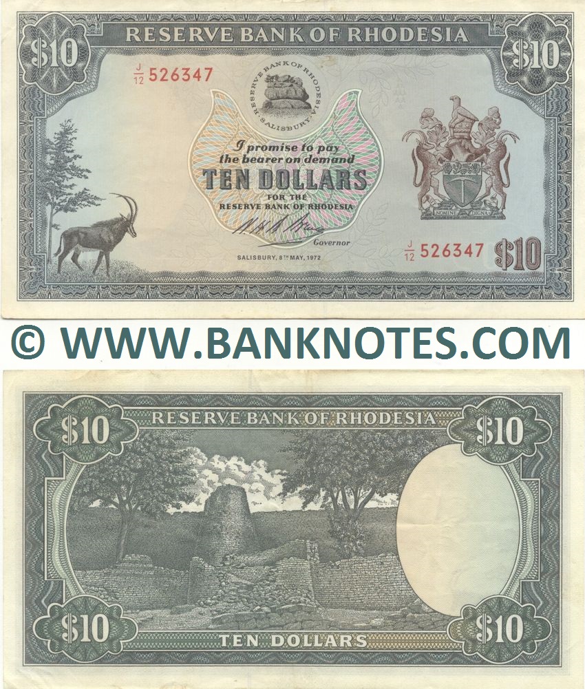 Rhodesia 10 Dollars 8.5.1972 (J/12 526347) (lt. circulated) XF