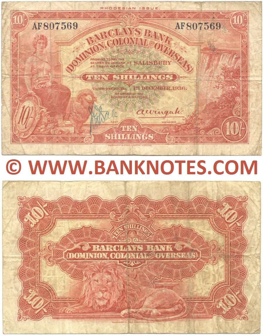 Rhodesia (Barclays Bank) 10 Shillings 1.12.1936 (AF807569) (circulated) Fine