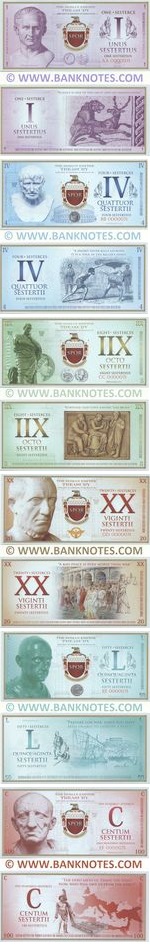 Roman Empire Commemorative set of 6 notes: 1, 4, 8, 20, 50, 100 Sesterces 2018 UNC