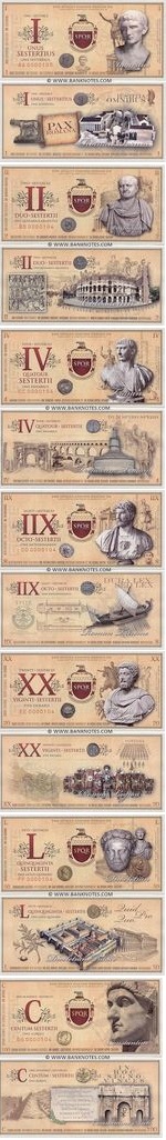 Roman Empire Commemorative set of 7 notes: 1, 2, 4, 8, 20, 50, 100 Sesterces 2007 UNC