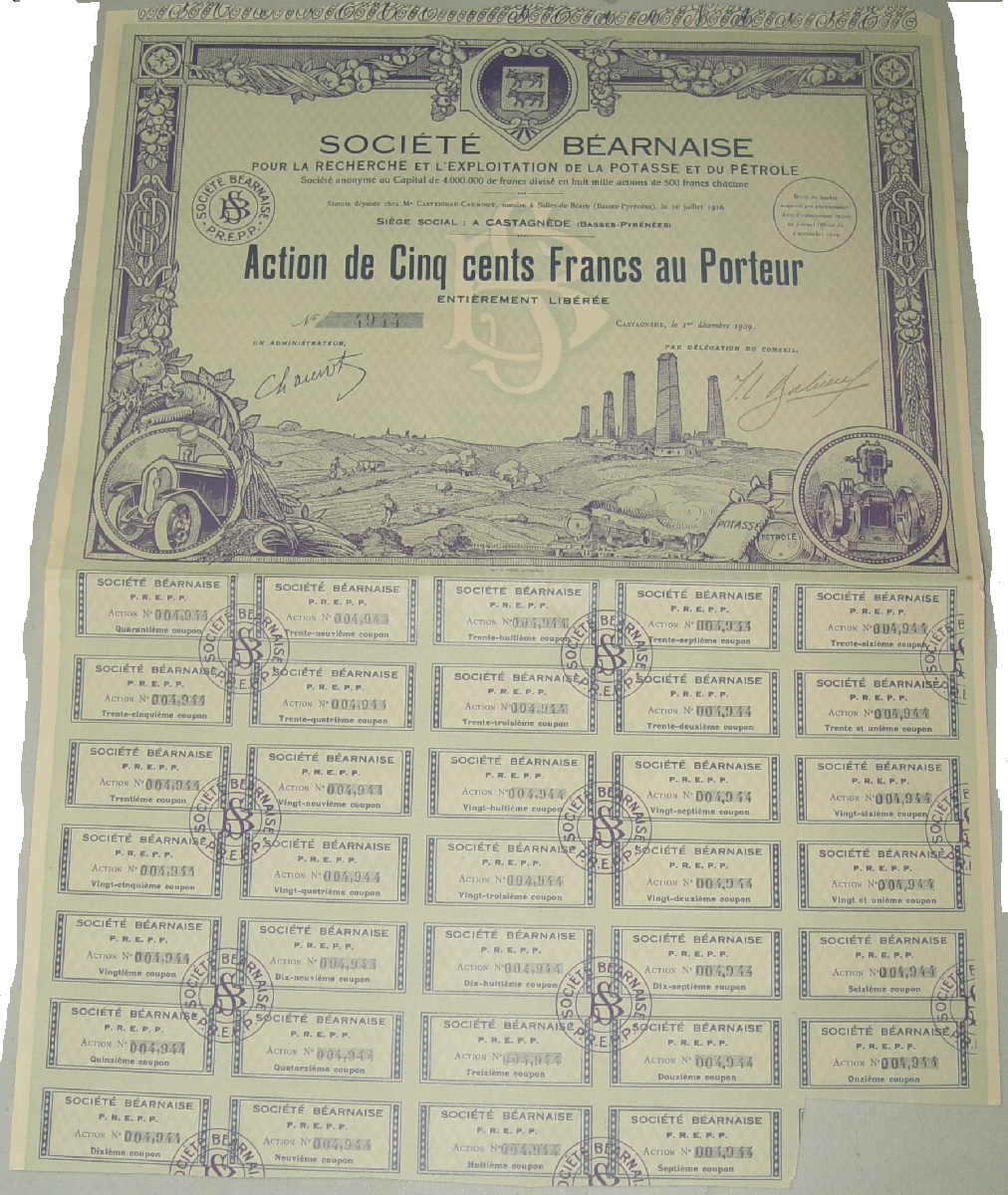 Société Béarnaise, P.R.E.P.P. Castagnède: Stock Certificate: 500 Francs 1929 (Nº4944) XF