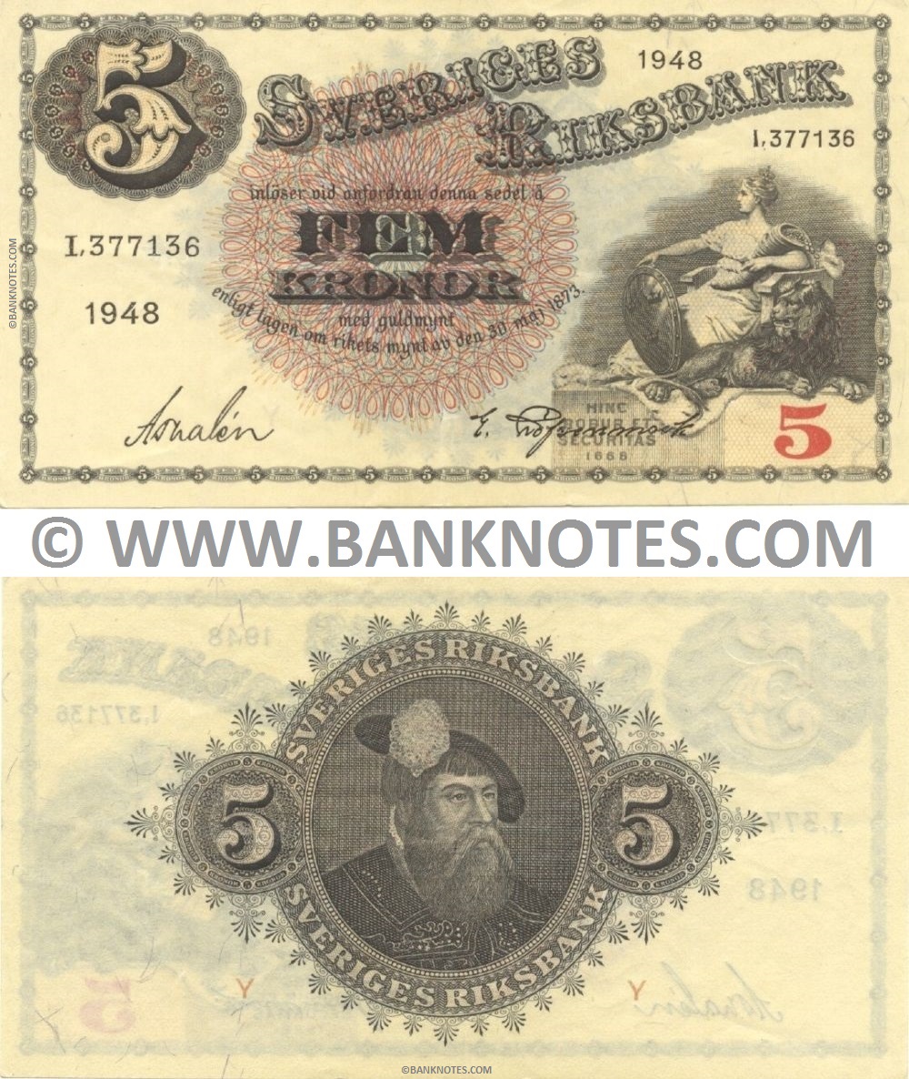 Sweden 5 Kronor 1948 (I 377136) Sig: Per Anton Thalén; Unidentified (lt. circulated) XF