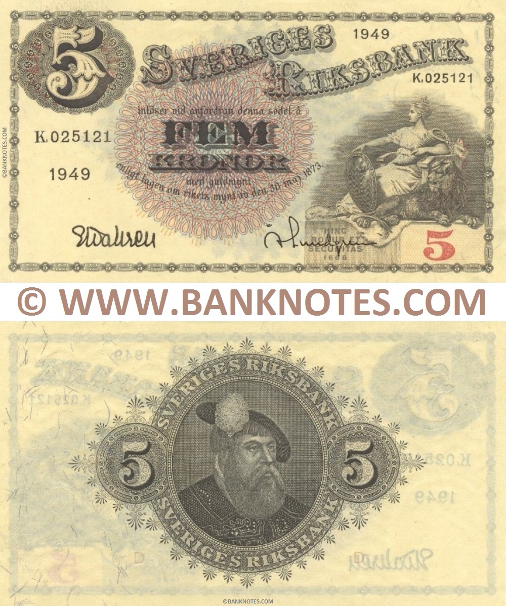 Sweden 5 Kronor 1949 (K 025121) Sig: Unidentified (Wallren?); "Lundgren" (lt. circulated) XF+