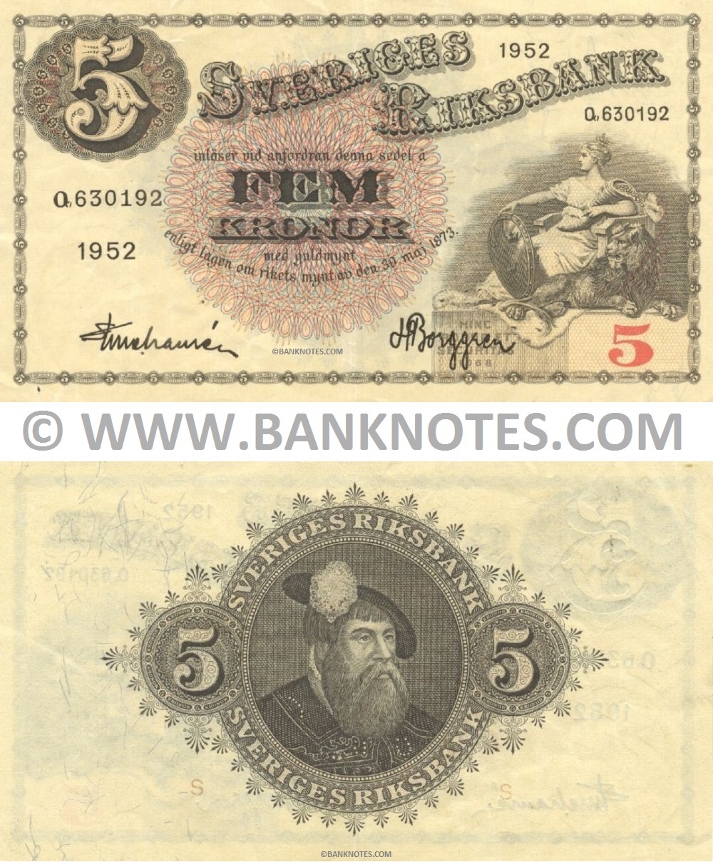 Sweden 5 Kronor 1952 (Q 630192) Sig: Sture Laurén; H. Borggren (circulated) VF-XF