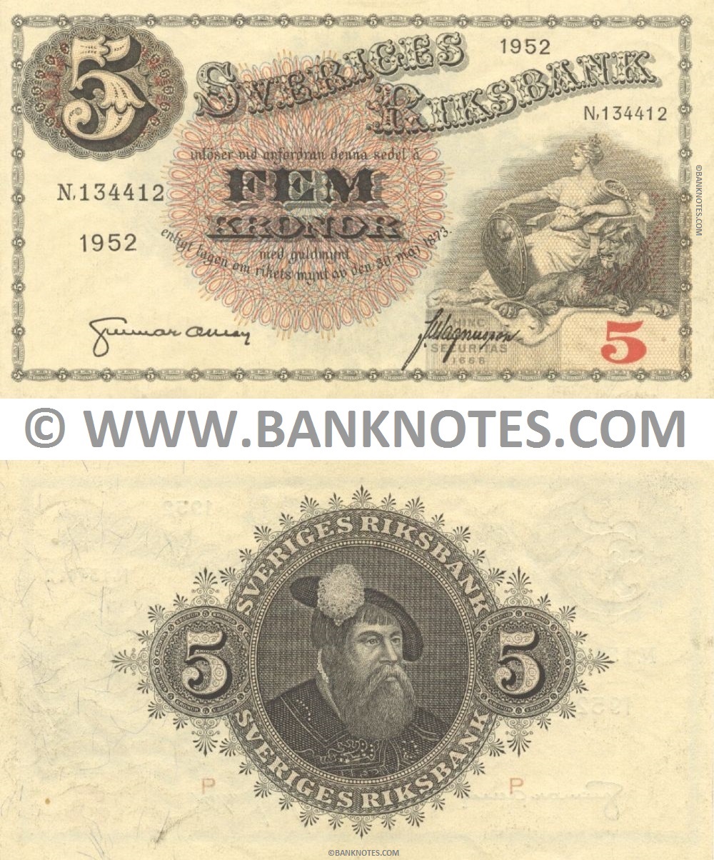 Sweden 5 Kronor 1952 (N 134412) Sig: Unidentified (Gunnar...?); Jan Magnusson (lt. circulated) XF-AU