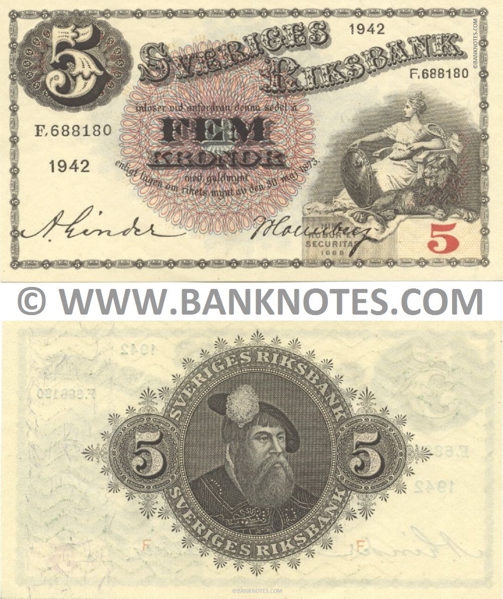 Sweden 5 Kronor 1942 (F 688180) Sig: Arvid Linder; "J/V Holmberg" (lt. circulated) XF-AU