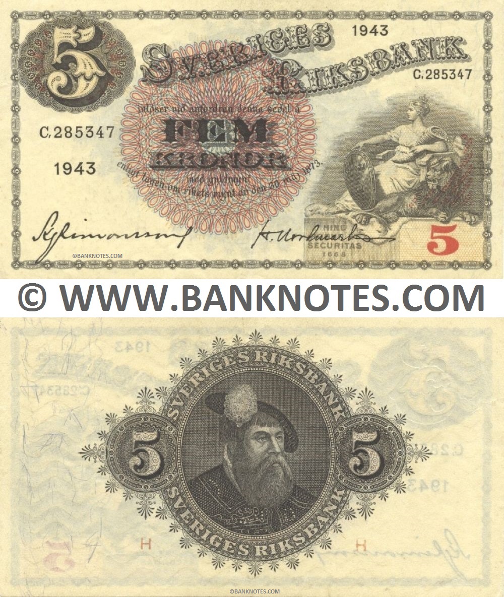 Sweden 5 Kronor 1943 (C 285347) Sig: Karl Gustaf Simonsson; "H/T Undmark" (lt. circulated) XF