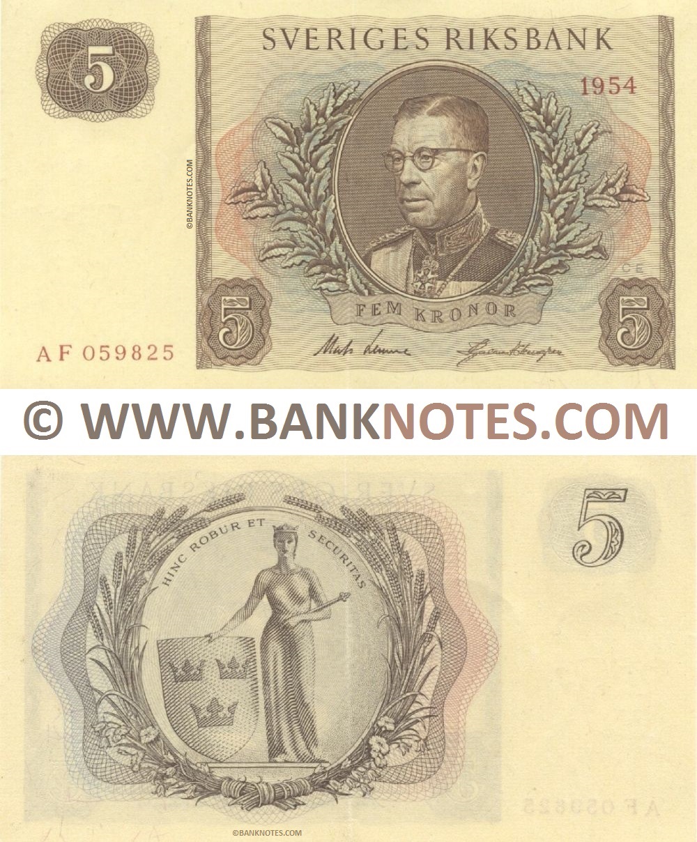 Sweden 5 Kronor 1954 (AF 059825) (Sig: Mats Lemne; Hjalmar Ekengren) XF-AU
