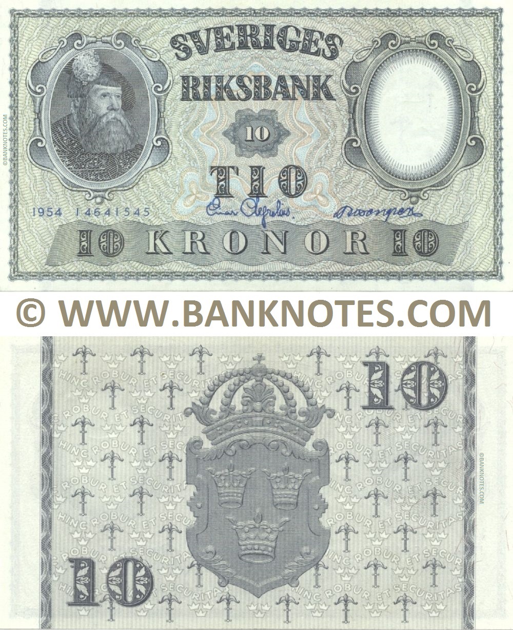 Sweden 10 Kronor 1954 (14641545) (Sig: Einar Lagrelius; Karl Gustaf Rosengren) (lt. circulated) XF-AU