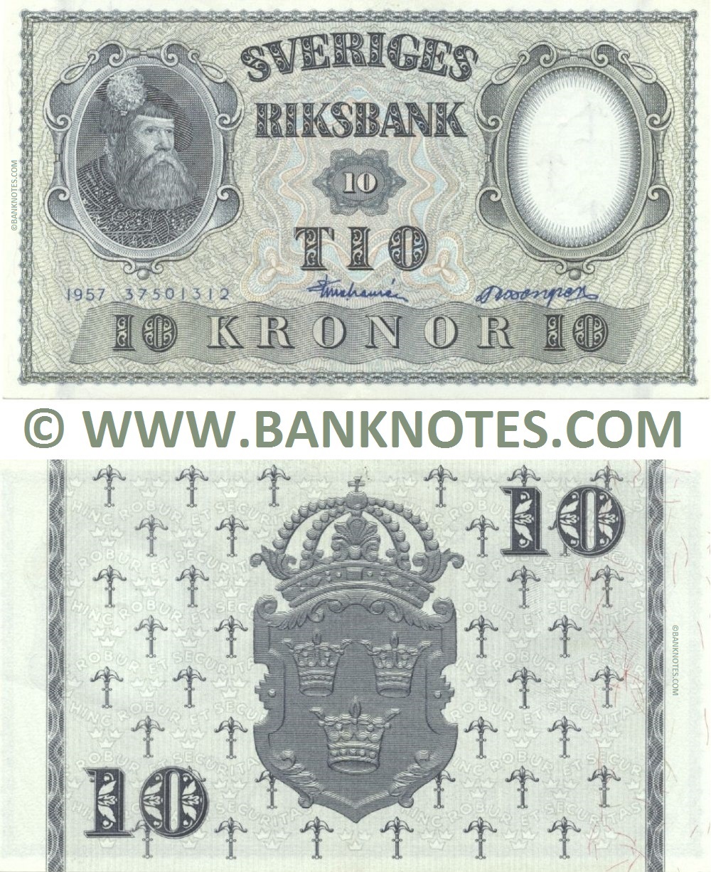 Sweden 10 Kronor 1957 (28292366) (Sig: Einar Lagrelius; Unidentified) (lt. circulated) XF+
